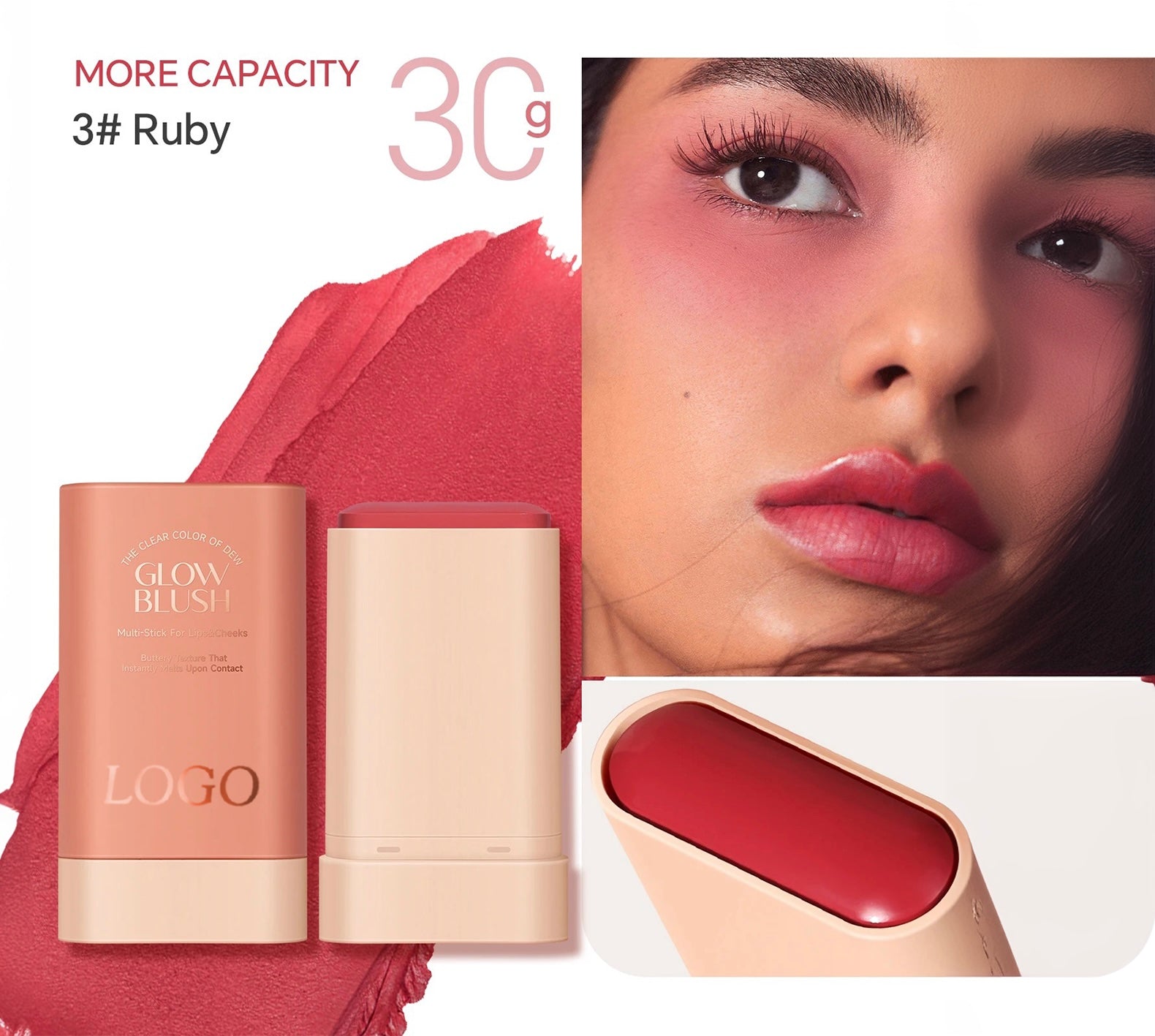 PRIVATE LABEL, 100pcs Wholesale Luxury PREMIUM Quality Vegan, Cruelty Free Rose Gold High Pigment Long Lasting Waterproof Cream Glow Blush Stick. 3 Shades