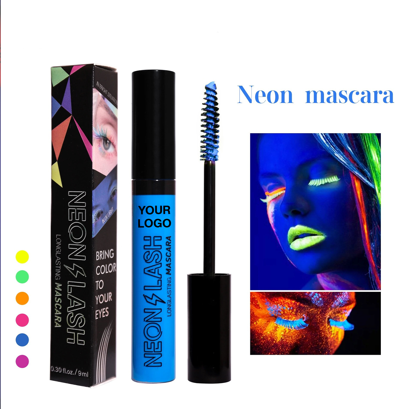 PRIVATE LABEL, 100pcs Wholesale Luxury PREMIUM Quality Vegan, Cruelty Free, Multicolor UV Neon Mascara, Cosmetic High Pigmented Shiny Eye Luminous Mascara, Quick Dry, Glow in the Dark Florescent Mascara. 6 Colors