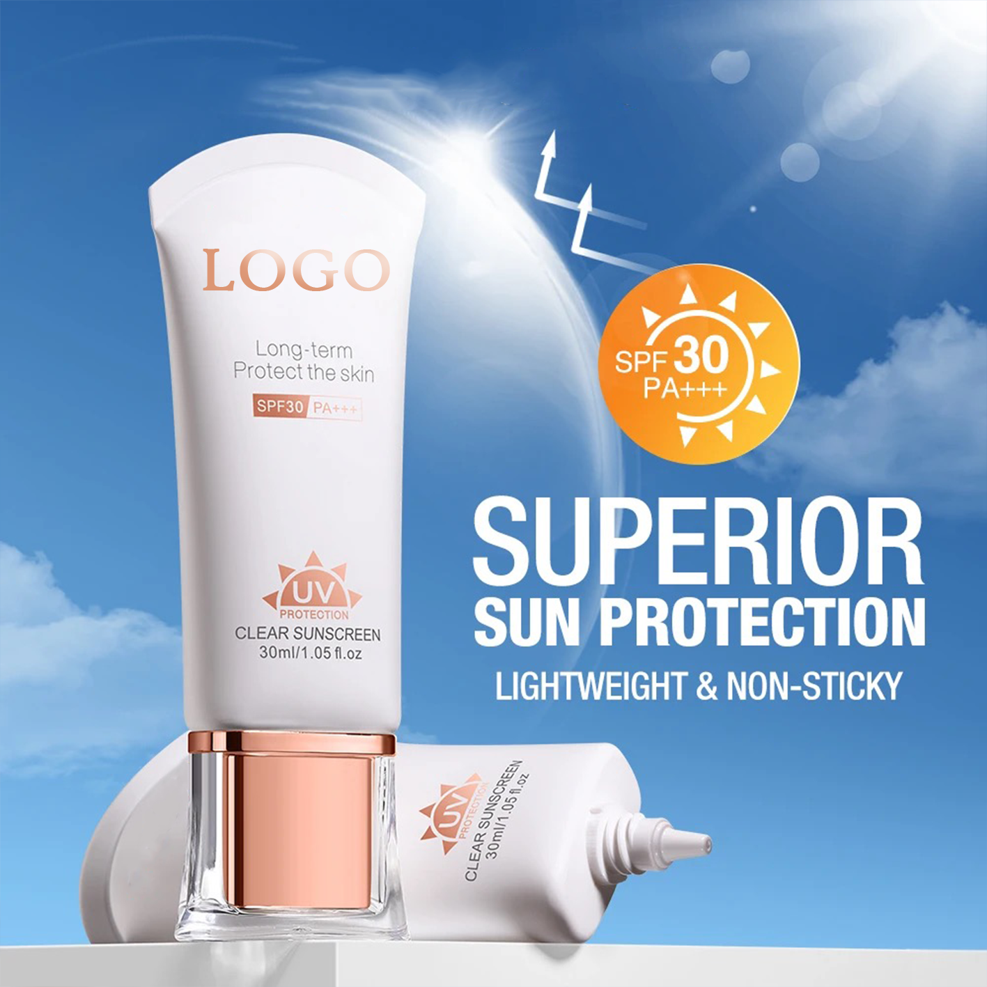 PRIVATE LABEL, 10,000 pcs Wholesale Luxury PREMIUM Quality Vegan, Cruelty Free Rose Gold Superior Sunscreen SPF 30 UV Protection Sunblock with Anti-Aging Moisturizing Features for Skin Brightening