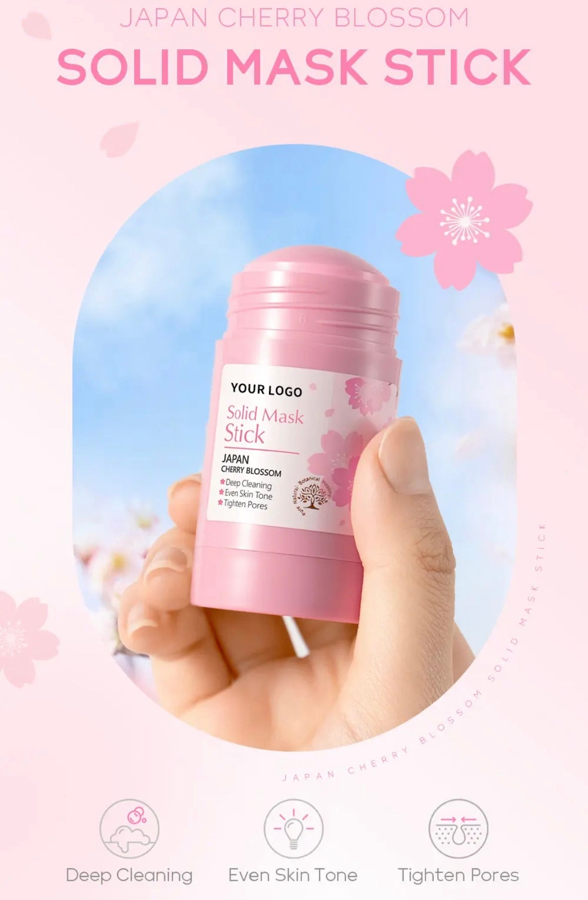 PRIVATE LABEL, Wholesale Luxury PREMIUM Quality Japanese Cherry Blossom Stick Mask, Sakura Hydrating Deep Pore Cleansing Face Mud Mask 50g