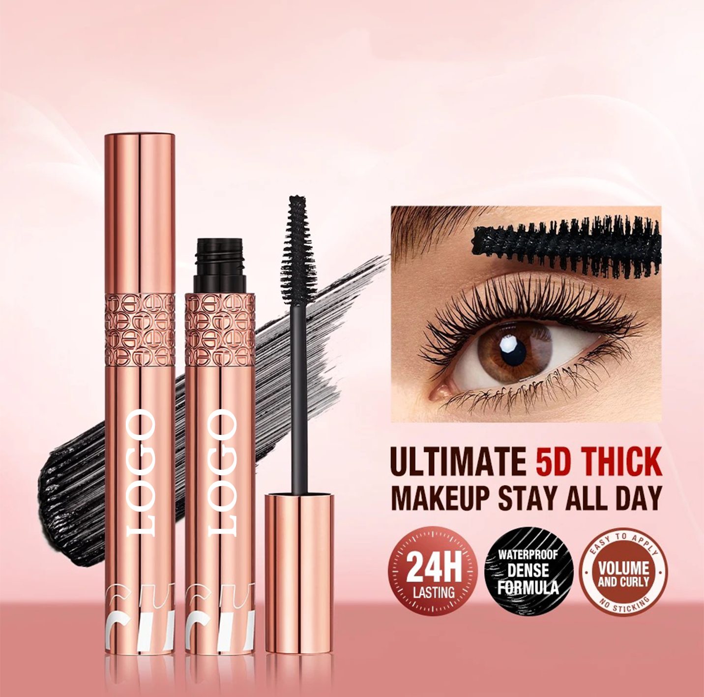 PRIVATE LABEL, 10,000 pcs Wholesale Luxury PREMIUM Quality Vegan, Cruelty Free 
Rose Gold 24Hr Waterproof Ultra Bushy 5D Mascara, Long Lasting Thick Eyelash Effect Mascara