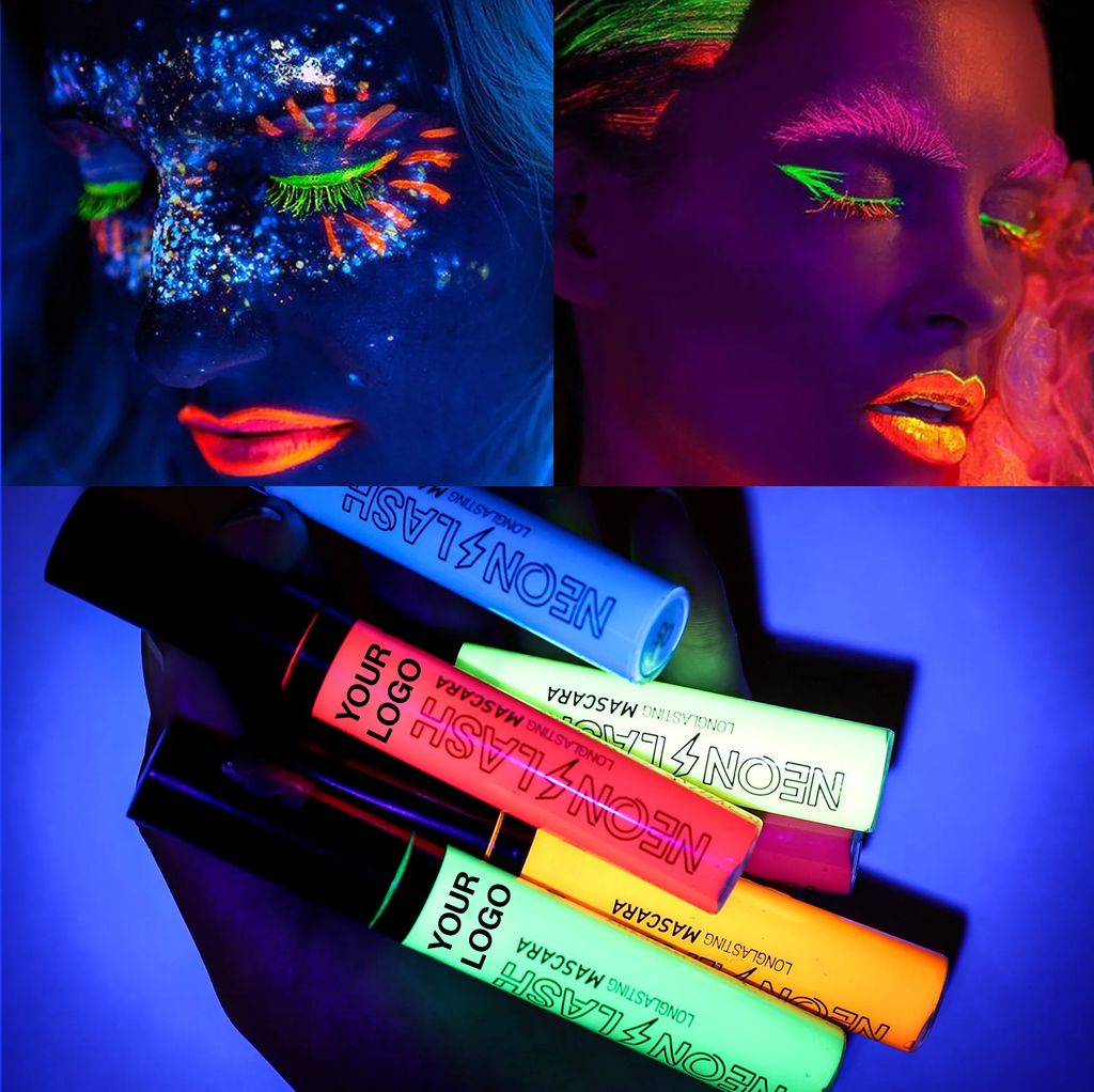 PRIVATE LABEL, 100pcs Wholesale Luxury PREMIUM Quality Vegan, Cruelty Free, Multicolor UV Neon Mascara, Cosmetic High Pigmented Shiny Eye Luminous Mascara, Quick Dry, Glow in the Dark Florescent Mascara. 6 Colors