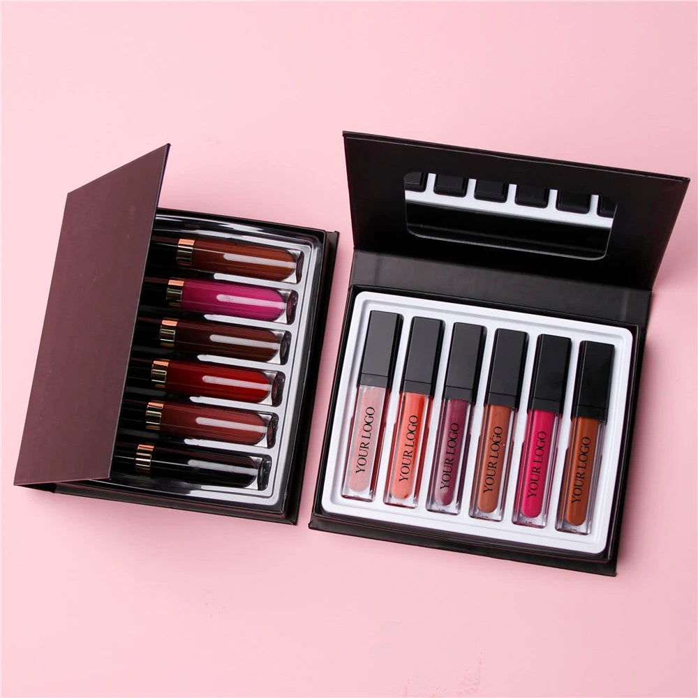 PRIVATE LABEL, Wholesale Luxury PREMIUM Quality Vegan, Cruelty Free Non-Sticky High-Shine Shimmer  Glossy Juicy Lipgloss/ Matte Liquid Lipstick Sheer Finish 6 pcs Lipgloss Lip Kit. 98 Shades