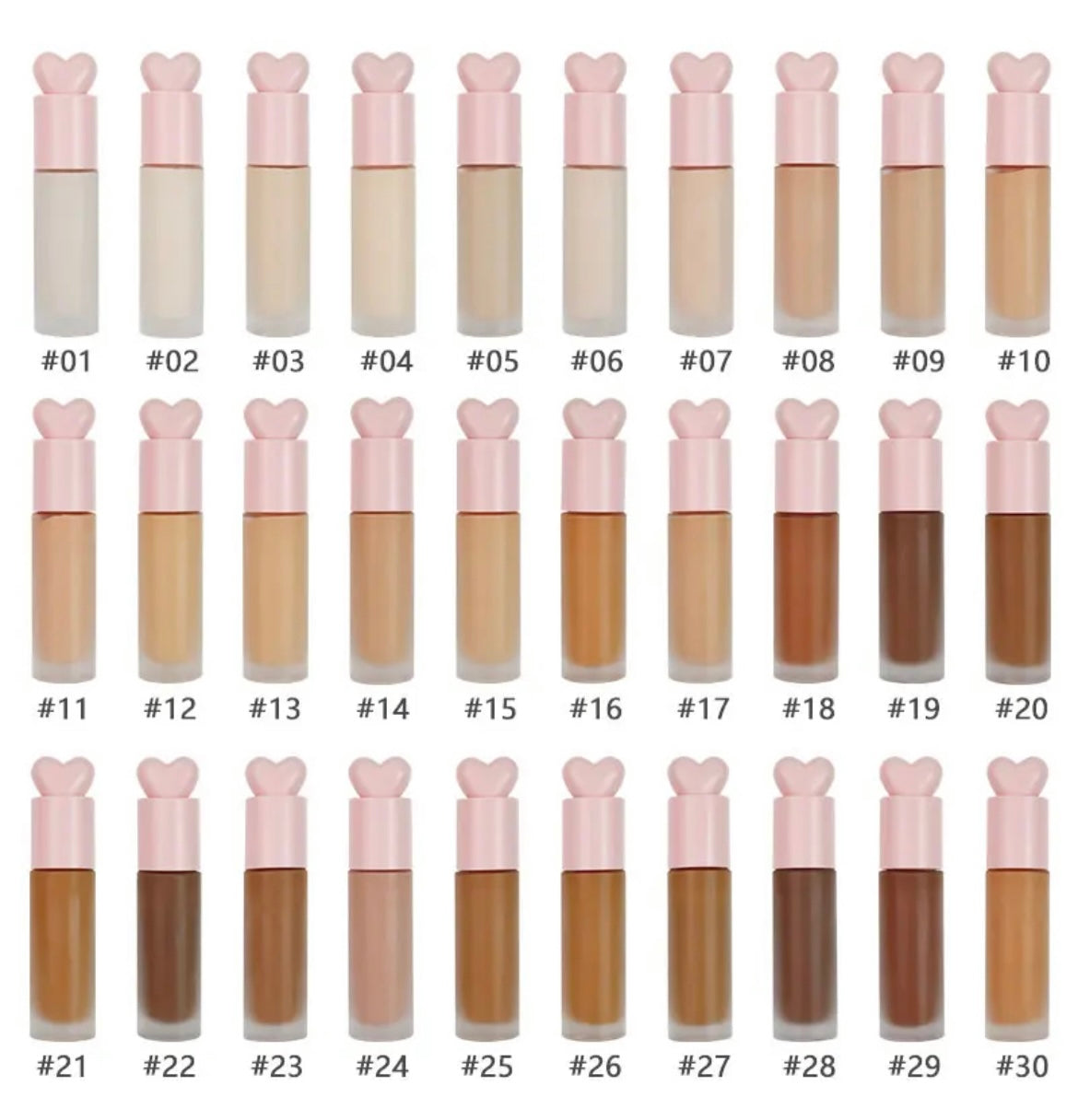 PRIVATE LABEL, 100 pcs Wholesale Luxury PREMIUM Quality Vegan, Cruelty Free 
Custom Cute Pink Heart Shaped Full Waterproof Coverage Long Lasting Matte SPF20 Liquid Foundation 30 Shades