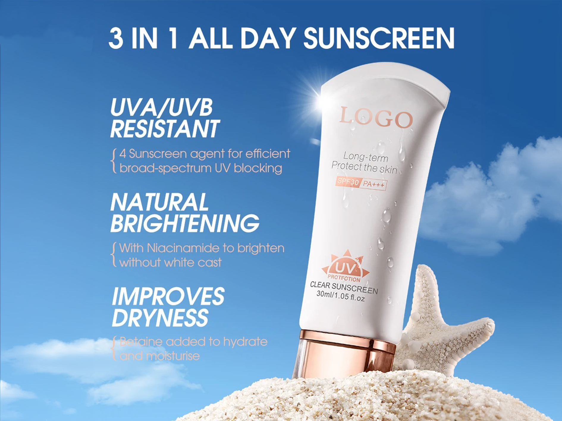 PRIVATE LABEL, 10,000 pcs Wholesale Luxury PREMIUM Quality Vegan, Cruelty Free Rose Gold Superior Sunscreen SPF 30 UV Protection Sunblock with Anti-Aging Moisturizing Features for Skin Brightening