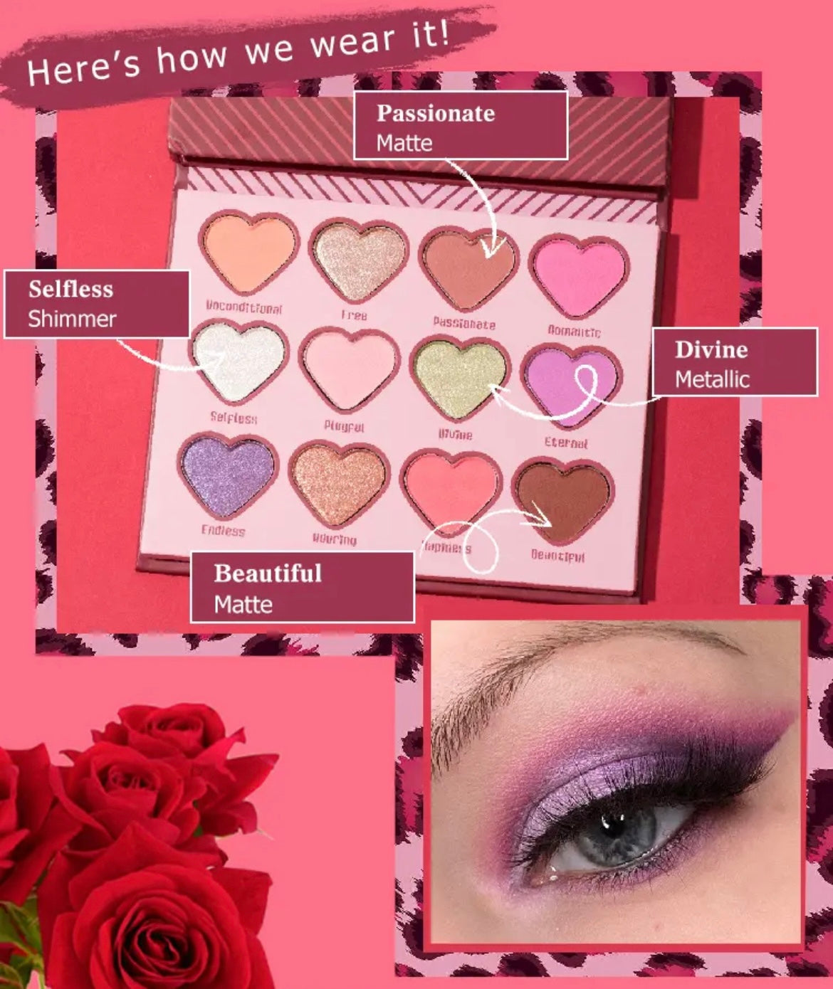 PRIVATE LABEL, 100pcs Wholesale Luxury PREMIUM Quality Vegan, Cute Pink High Pigmented Heart Palette with Mirror. 12 Shades.