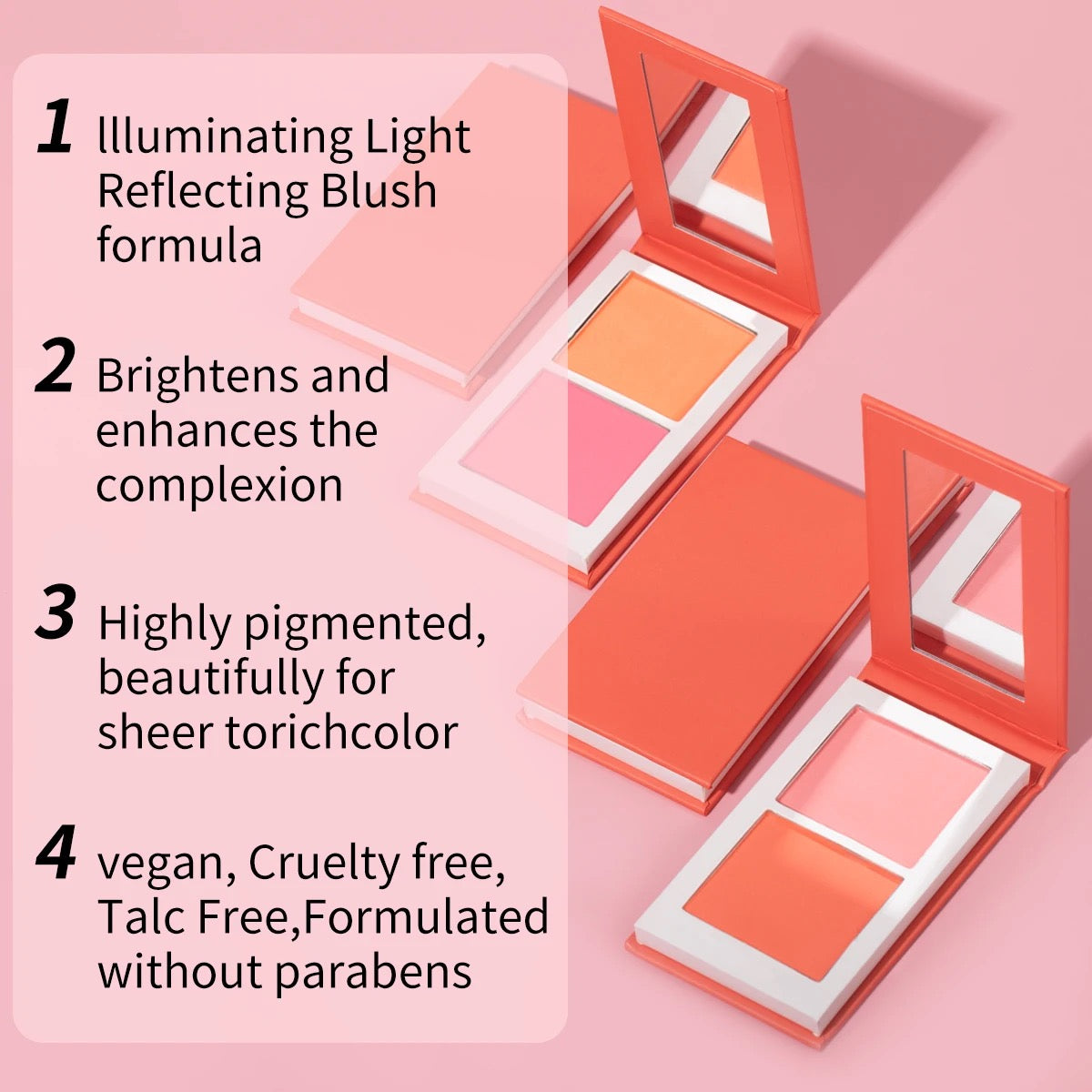 PRIVATE LABEL, 100pcs Wholesale Luxury PREMIUM Quality Vegan, Cruelty Free 2-in-1 Cheek Blush Pressed Powder Pan Pink Talc Free Blusher Palette Glow Duo