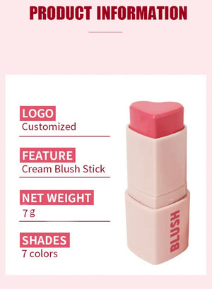 PRIVATE LABEL, 100pcs Wholesale Luxury PREMIUM Quality Vegan, Cruelty Free Heart Shape Creamy Blush on Stick, Organic Cheek Tinted Cosmetic Heart Blush