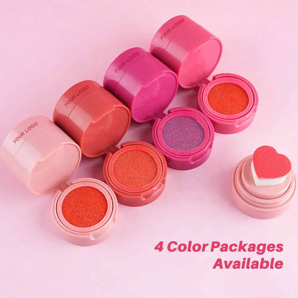 PRIVATE LABEL, 100 sets Wholesale Luxury PREMIUM Quality Vegan, Cruelty Free Bouncy Liquid Cushion Blusher, Pink Heart Shaped Cheek Blush Stamp 4 Shades