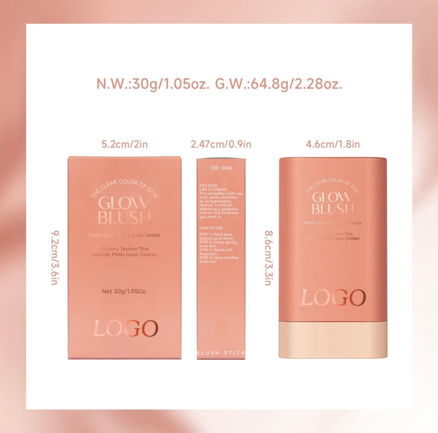 PRIVATE LABEL, 100pcs Wholesale Luxury PREMIUM Quality Vegan, Cruelty Free Rose Gold High Pigment Long Lasting Waterproof Cream Glow Blush Stick. 3 Shades