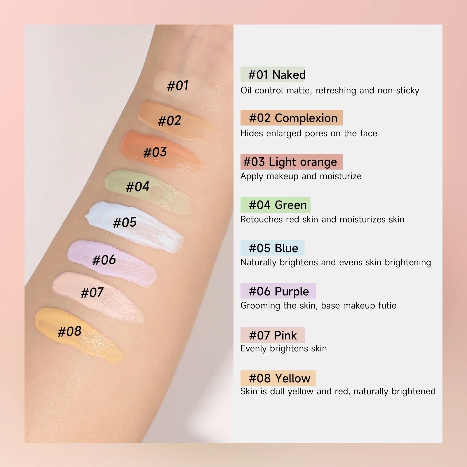 PRIVATE LABEL, 100pcs Wholesale Luxury PREMIUM Quality Vegan, Cruelty Free Skin Perfecting Radiant Moisturizing Color Corrector Base Primer 8 Colors