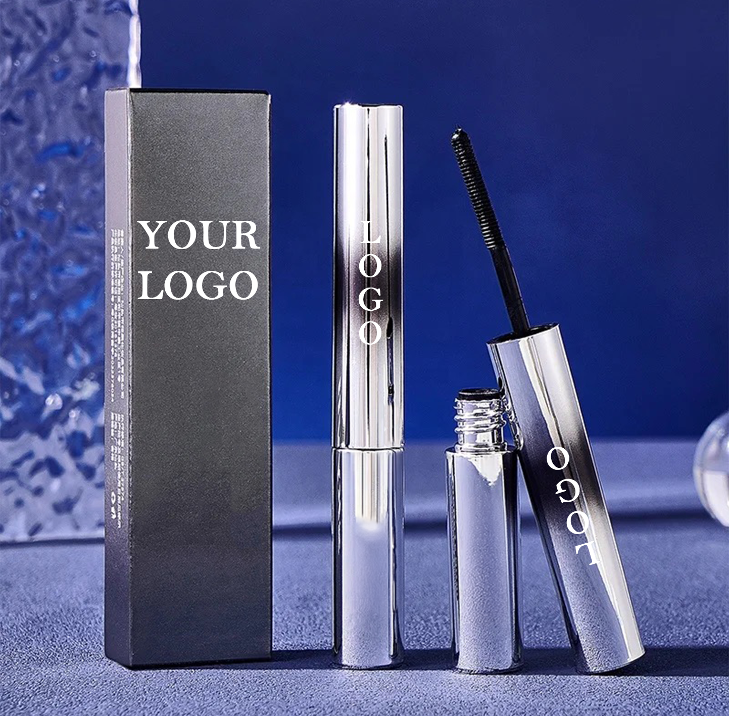 PRIVATE LABEL, 100 pcs Wholesale Luxury PREMIUM Quality Vegan, Cruelty Free 
Viral Metal Silver Plating Package, 4D Volume, Long Lasting Black Mascara with 360 Degree Self-Angled Threaded Brush for Even Coated Non-Clumping Lashes.