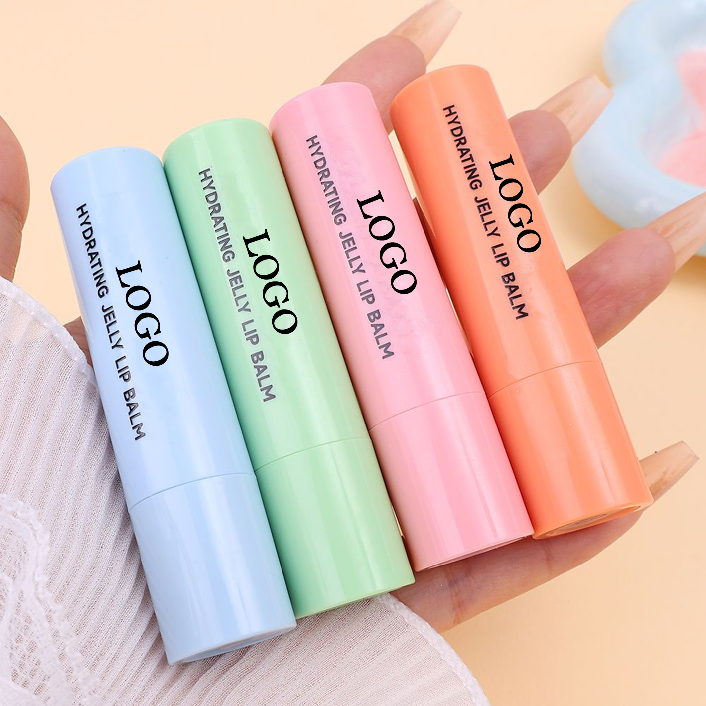 PRIVATE LABEL, 100pcs Wholesale Luxury PREMIUM Quality Vegan, Cruelty Free, 
Custom Hydrating Jelly Lip Balm Moisturizing Tinted Lip Balm 4 Flavors