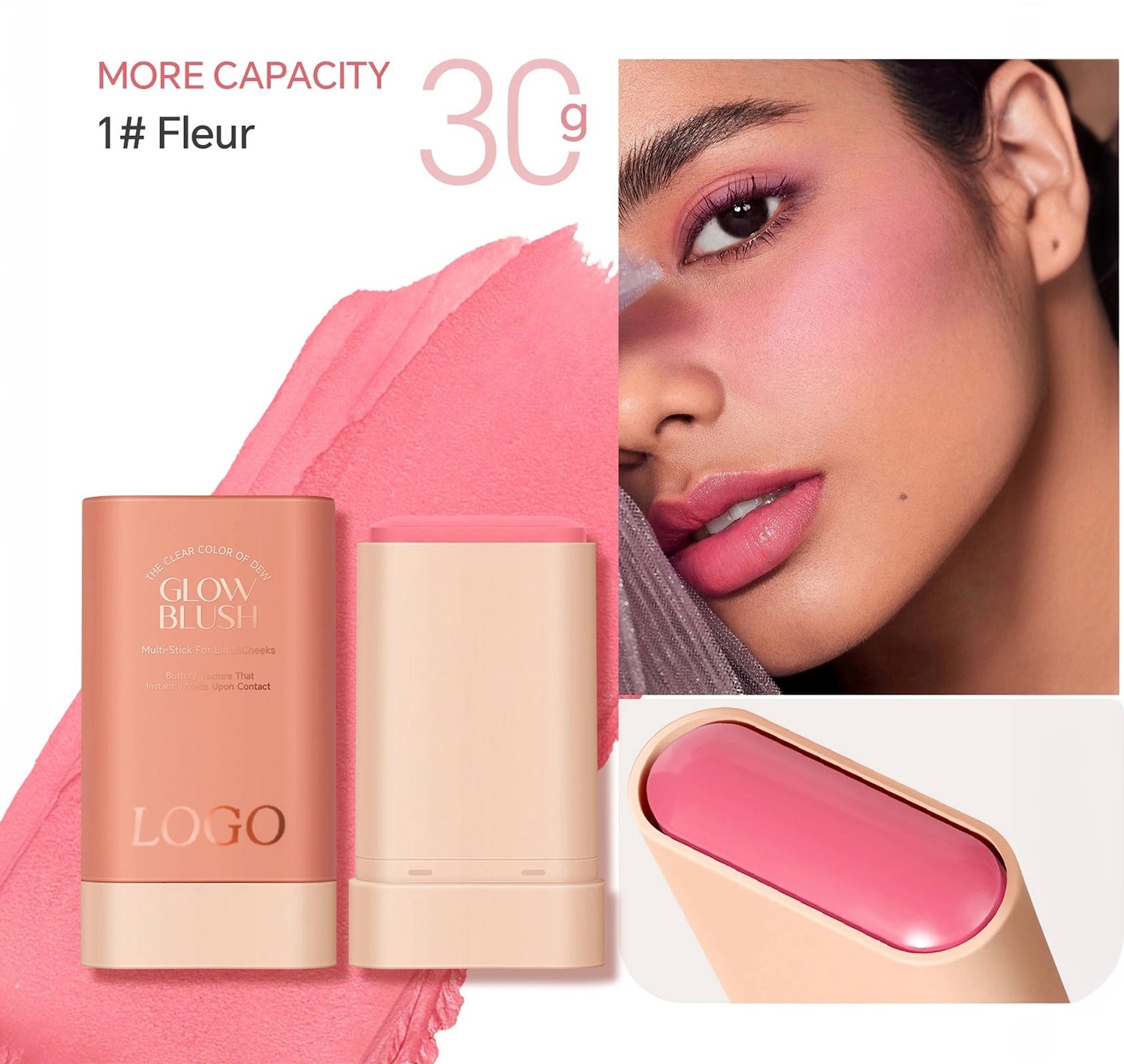 PRIVATE LABEL, 100pcs Wholesale Luxury PREMIUM Quality Vegan, Cruelty Free Rose Gold High Pigment Long Lasting Waterproof Cream Glow Blush Stick. 3 Shades