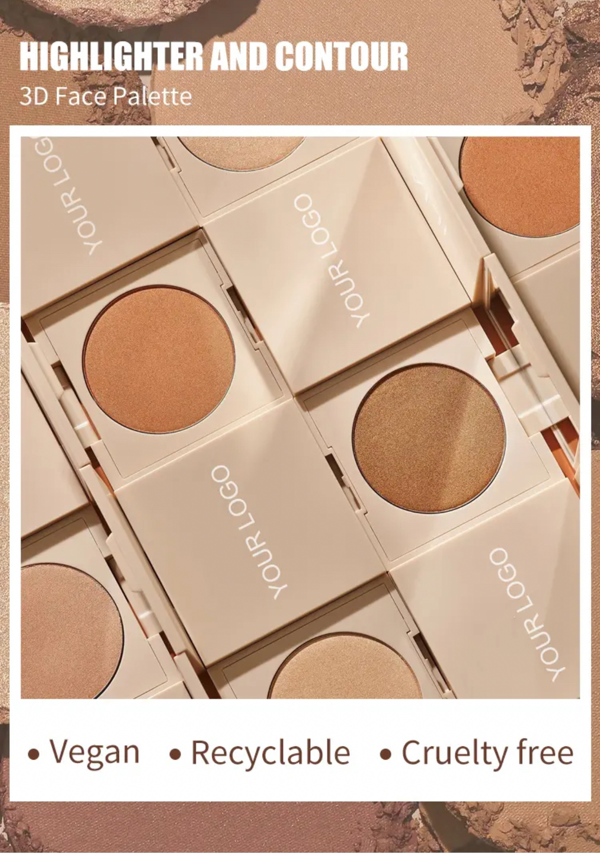 PRIVATE LABEL, 100pcs Wholesale Luxury PREMIUM Quality Vegan, Cruelty Free Best OEM Cosmetic Highlight and Bronzer Pressed Powder Talc Free Bronzer Contouring Palette 8 Shades