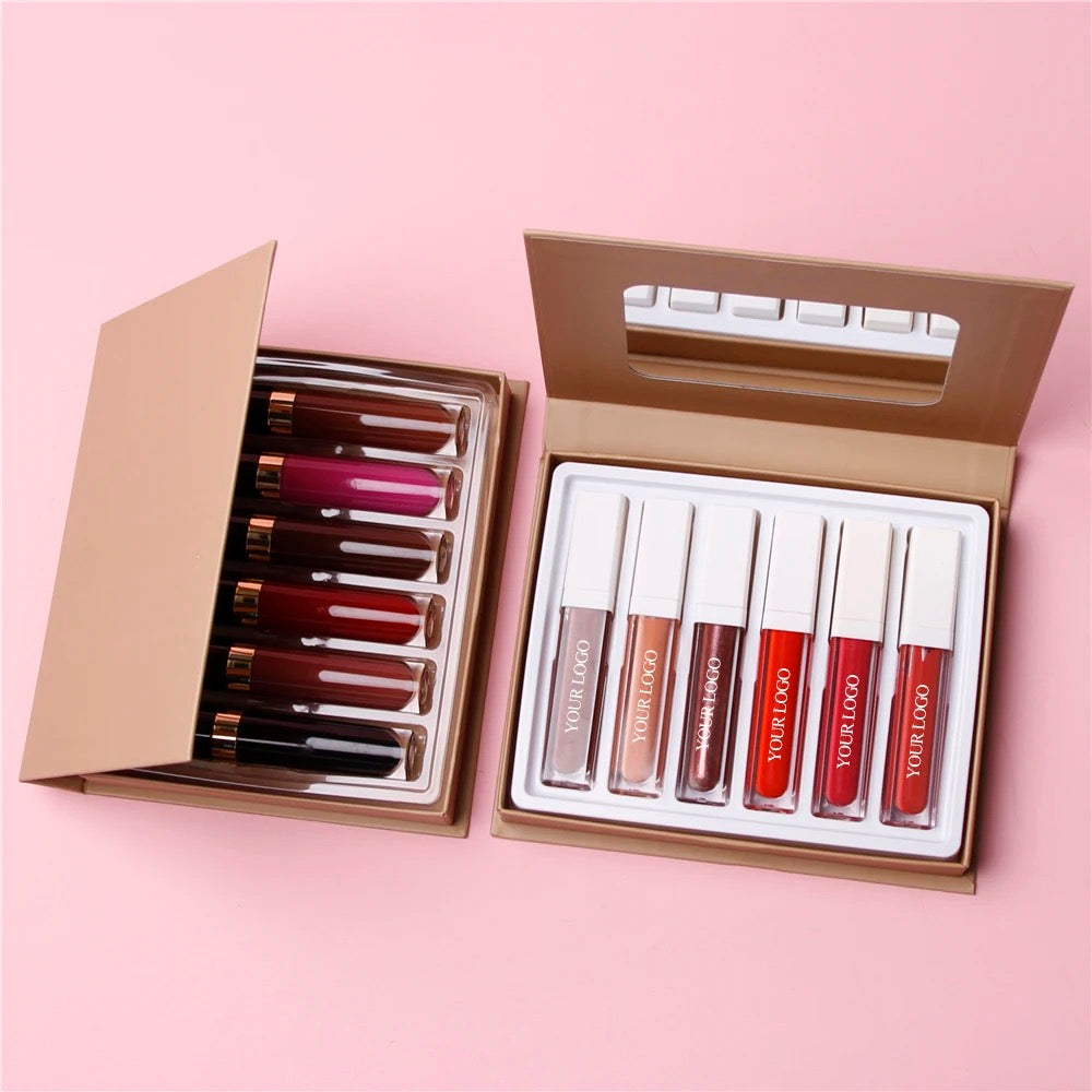 PRIVATE LABEL, Wholesale Luxury PREMIUM Quality Vegan, Cruelty Free Non-Sticky High-Shine Shimmer  Glossy Juicy Lipgloss/ Matte Liquid Lipstick Sheer Finish 6 pcs Lipgloss Lip Kit. 98 Shades