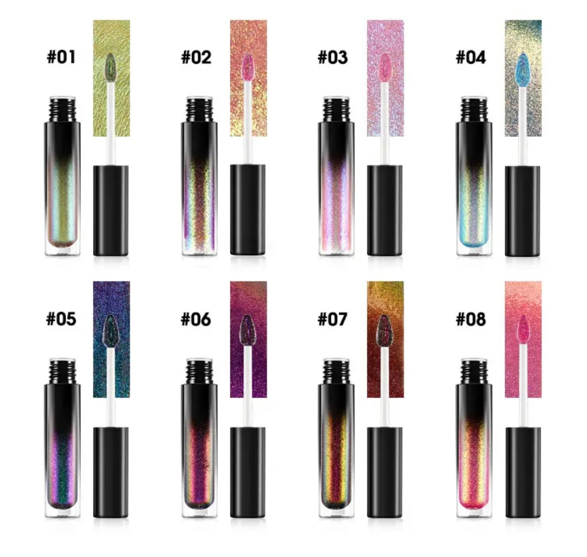 PRIVATE LABEL, 100 pcs Wholesale Luxury PREMIUM Quality Vegan, Cruelty Free, 
Waterproof, Transfer-proof, Long Lasting, High Pigmented Mesmerizing Multi-chrome Glitter Chameleon Lipgloss 14 Shades