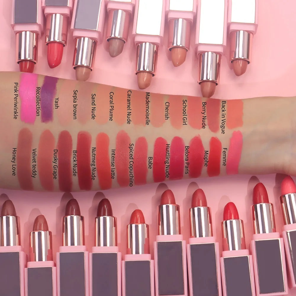 PRIVATE LABEL, 100pcs Wholesale Luxury PREMIUM Quality Vegan, Cruelty Free Pink Mirror Waterproof Long Lasting Moisturizing/Matte Lipstick Cream Nude Velvet Lipstick 48 Shades