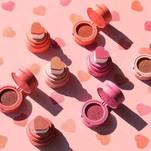 PRIVATE LABEL, 100 sets Wholesale Luxury PREMIUM Quality Vegan, Cruelty Free Bouncy Liquid Cushion Blusher, Pink Heart Shaped Cheek Blush Stamp 4 Shades