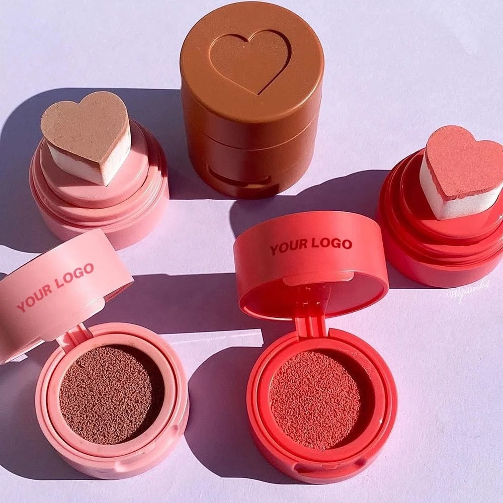 PRIVATE LABEL, 100 sets Wholesale Luxury PREMIUM Quality Vegan, Cruelty Free Bouncy Liquid Cushion Blusher, Pink Heart Shaped Cheek Blush Stamp 4 Shades