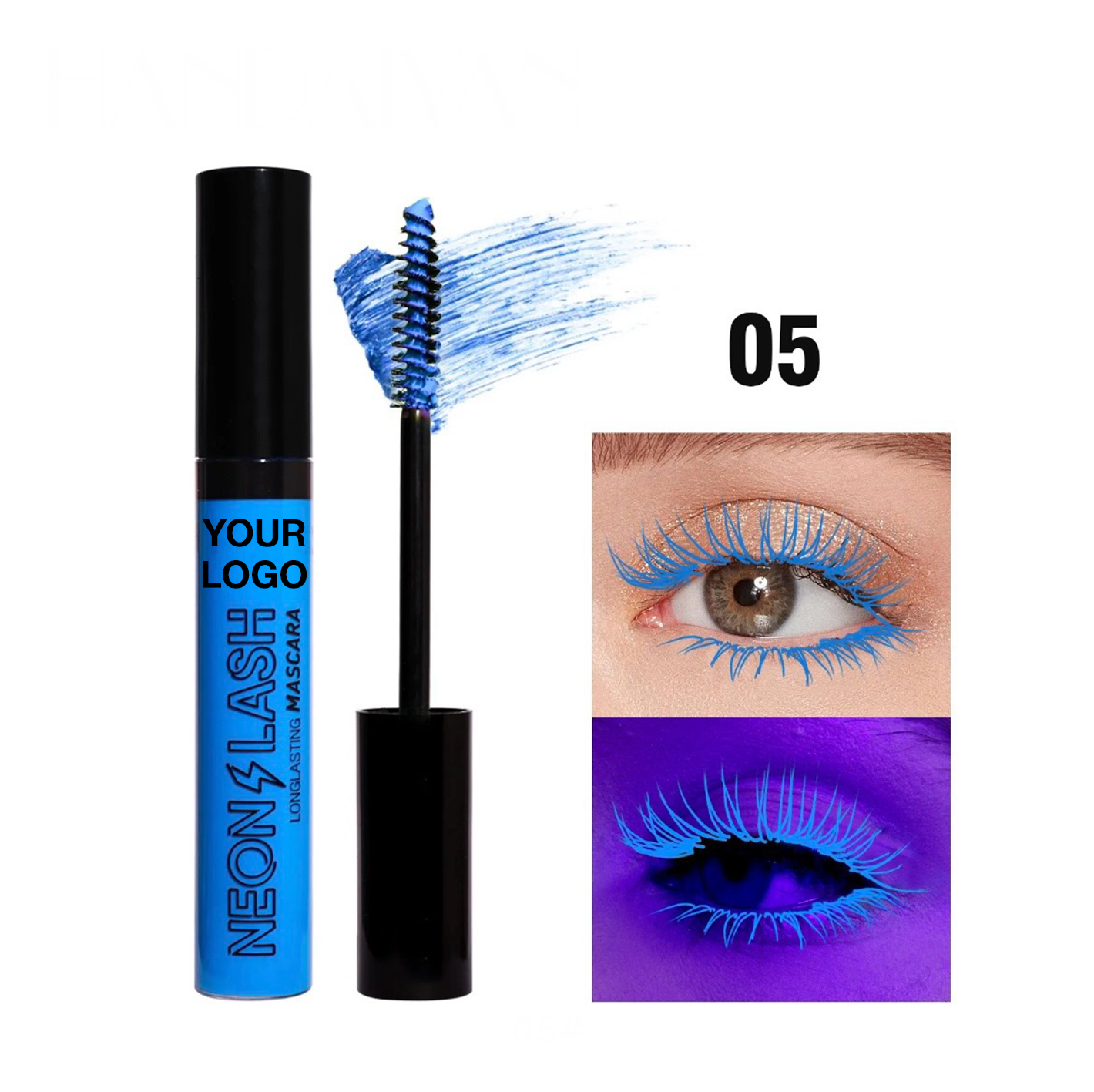 PRIVATE LABEL, 100pcs Wholesale Luxury PREMIUM Quality Vegan, Cruelty Free, Multicolor UV Neon Mascara, Cosmetic High Pigmented Shiny Eye Luminous Mascara, Quick Dry, Glow in the Dark Florescent Mascara. 6 Colors