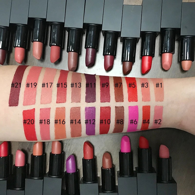 PRIVATE LABEL Wholesale Waterproof ,PREMIUM Quality, Vegan, Cruelty Free 
Custom Waterproof Matte High Pigment Long Lasting Lipstick 21 Shades