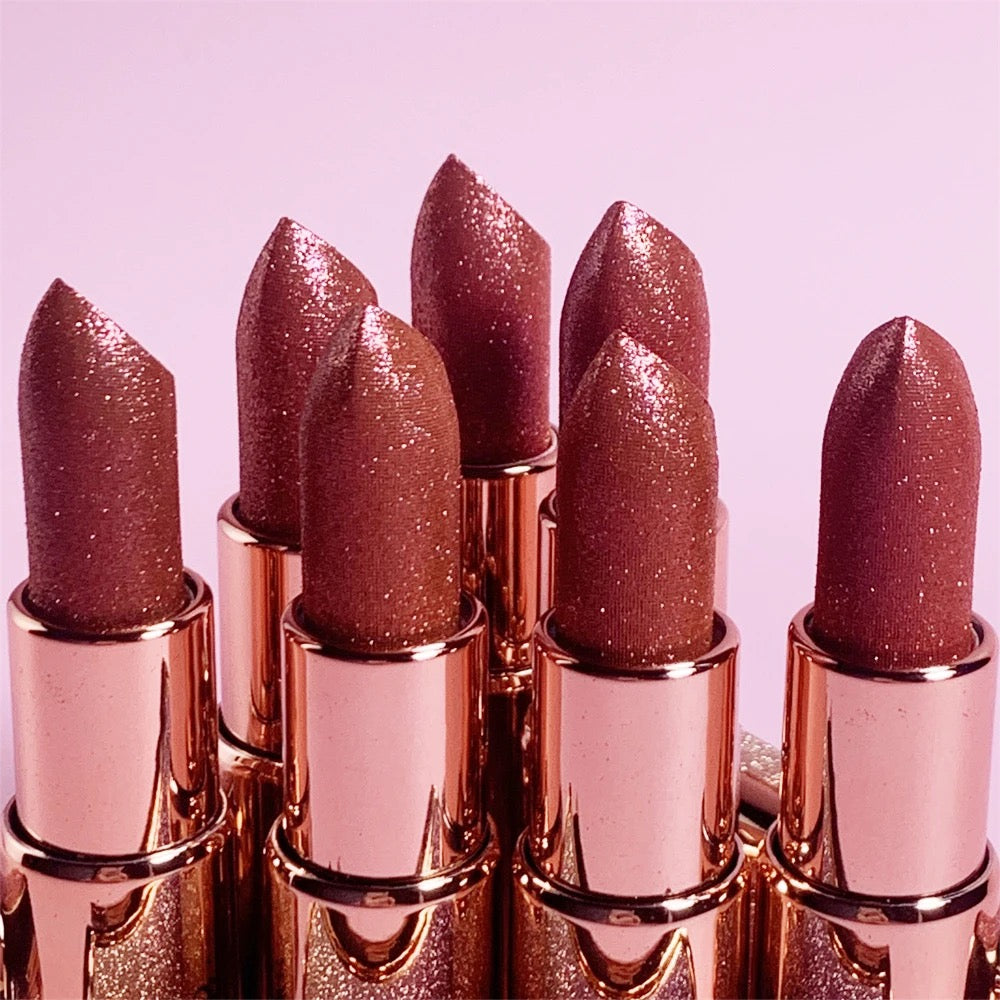 PRIVATE LABEL, 100pcs Wholesale Luxury PREMIUM Quality Vegan, Cruelty Free 
Lipstick Supplier, High Pigmented Sparkly Lipstick, Mesmerizing Glittery Custom Rose Gold Packaging Shimmer Lipstick. 8 Shades