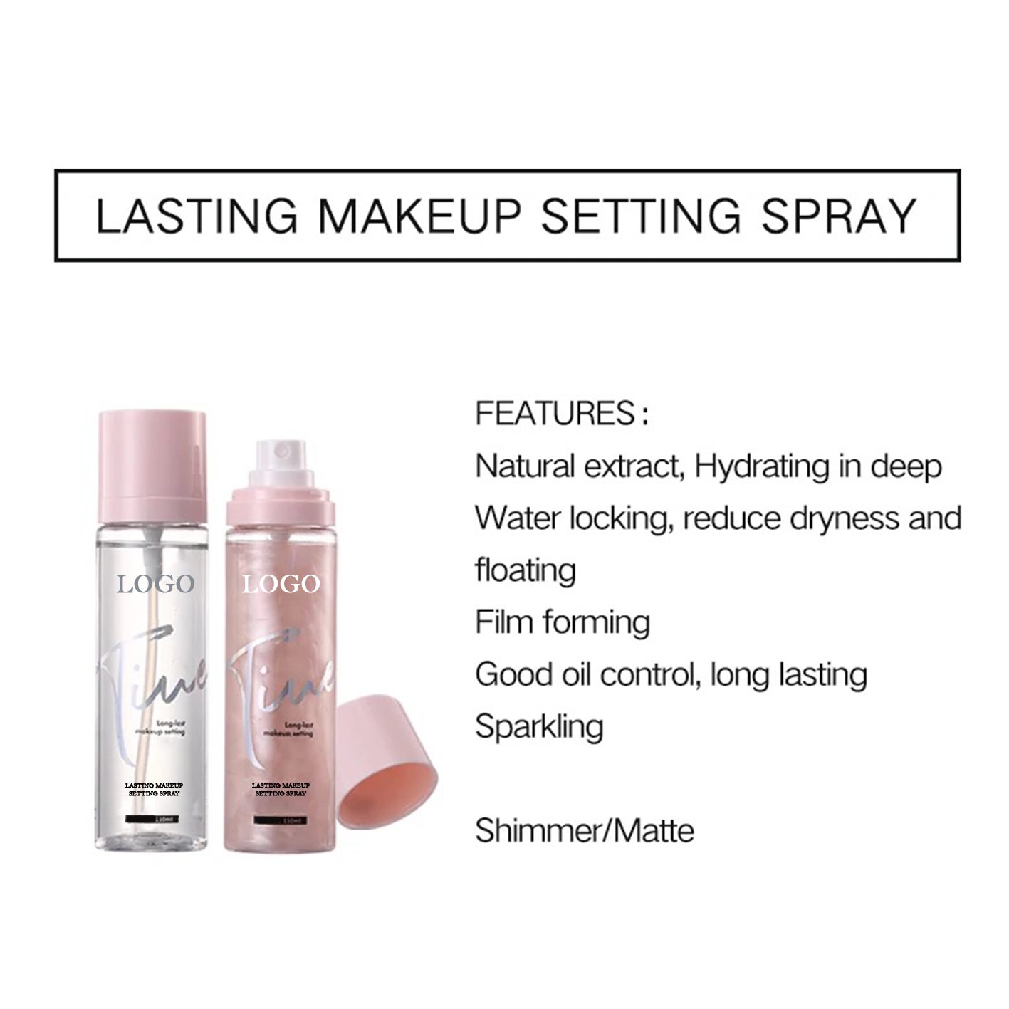 PRIVATE LABEL, 200pcs Wholesale Luxury PREMIUM Quality Vegan, Cruelty Free 110ml Custom Pink Packaging Best Selling Fixing Spray, Waterproof, Oil Control Makeup up Setting Spray, Matte/ Shimmer Finishing Spray. 2 Colors