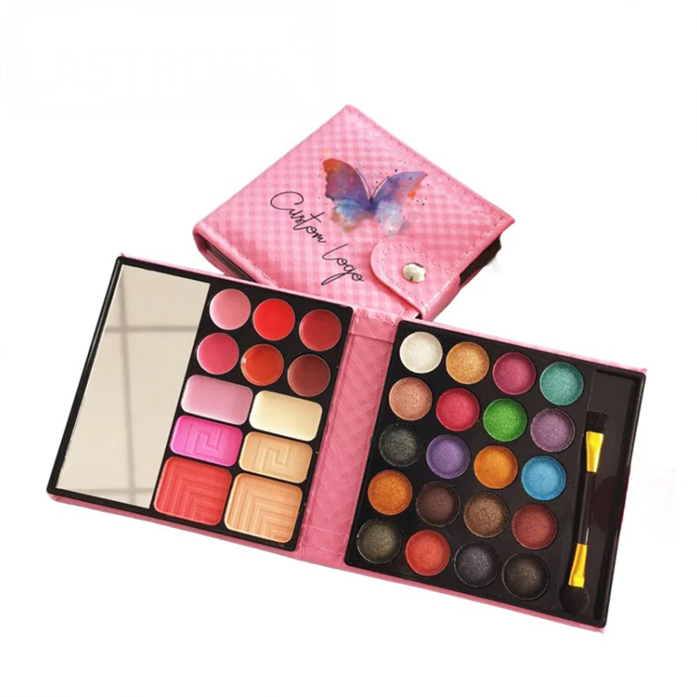 PRIVATE LABEL, 100 pcs Wholesale Luxury PREMIUM Quality Vegan, Cruelty Free, 
Custom Pink High Pigment Makeup Eyeshadow Palette Book, Print your Logo DIY Eyeshadow, Face Powder, Blush, Lipgloss Palette with Brush and Mirror 32 Colors