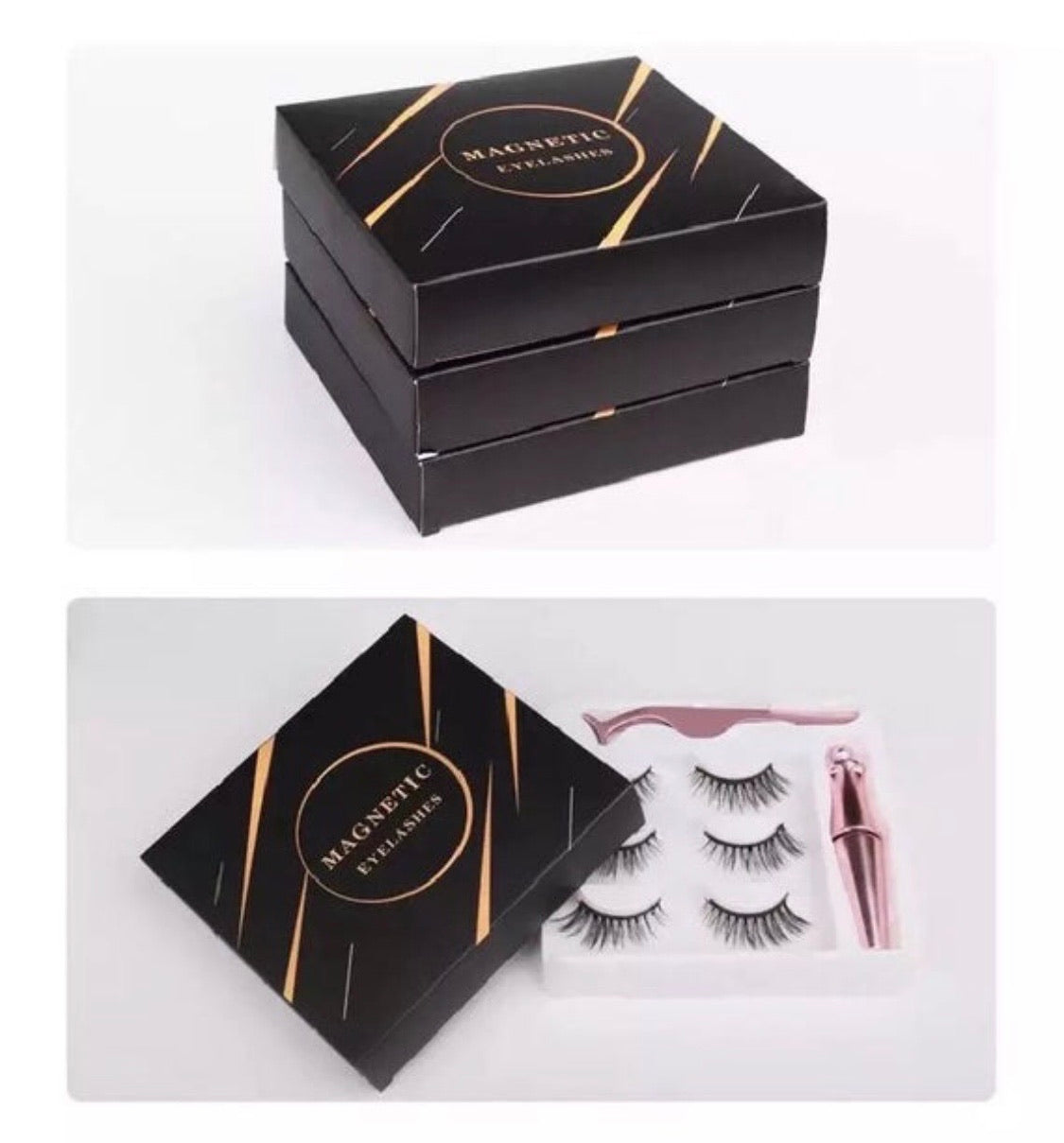 PRIVATE LABEL, Wholesale Luxury PREMIUM Quality 3 pair Magnetic EyeLashes With Lash Tweezers/Eyeliner Set No Glue Natural 5 Magnets Kit