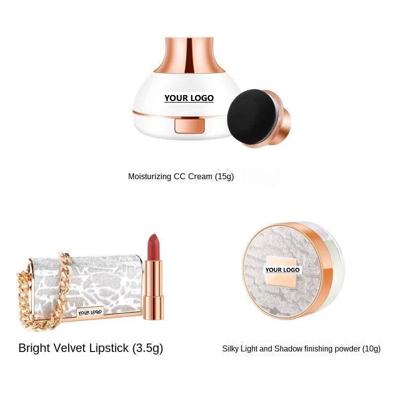 PRIVATE LABEL, Wholesale Luxury PREMIUM quality Professional Glitter Foundation, Lipstick And Finishing Powder  Gold Kit (1200 pcs)